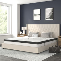 Flash Furniture HG-BM10-36-GG Riverdale King Size Tufted Upholstered Platform Bed in Beige Fabric with 10 Inch CertiPUR-US Certified Pocket Spring Mattress