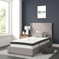Flash Furniture HG-BM10-41-GG Riverdale Twin Size Tufted Upholstered Platform Bed in Light Gray Fabric with 10 Inch CertiPUR-US Certified Pocket Spring Mattress