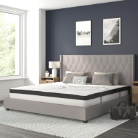 Flash Furniture HG-BM10-44-GG Riverdale King Size Tufted Upholstered Platform Bed in Light Gray Fabric with 10 Inch CertiPUR-US Certified Pocket Spring Mattress