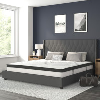 Flash Furniture HG-BM10-48-GG Riverdale King Size Tufted Upholstered Platform Bed in Dark Gray Fabric with 10 Inch CertiPUR-US Certified Pocket Spring Mattress