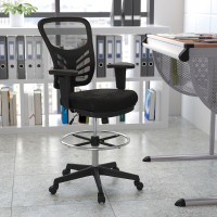 Flash Furniture HL-0001-1CBLACK-GG Mid-Back Black Mesh Ergonomic Drafting Chair with Adjustable Chrome Foot Ring, Adjustable Arms and Black Frame
