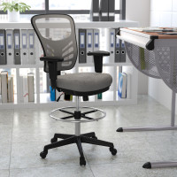 Flash Furniture HL-0001-1CBLACK-LTGY-GG Mid-Back Light Gray Mesh Ergonomic Drafting Chair with Adjustable Chrome Foot Ring, Adjustable Arms and Black Frame