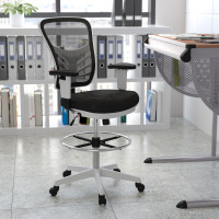 Flash Furniture HL-0001-1CWHITE-GG Mid-Back Black Mesh Ergonomic Drafting Chair with Adjustable Chrome Foot Ring, Adjustable Arms and White Frame