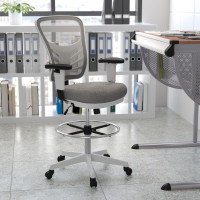 Flash Furniture HL-0001-1CWHITE-LTGY-GG Mid-Back Light Gray Mesh Ergonomic Drafting Chair with Adjustable Chrome Foot Ring, Adjustable Arms and White Frame