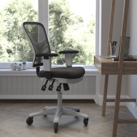 Flash Furniture HL-0001-WH-BK-RLB-GG Nicholas Mid-Back Black Mesh Multifunction Executive Ergonomic Office Chair with Adjustable Arms, Transparent Roller Wheels, and White Frame