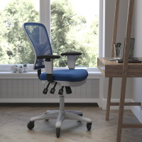 Flash Furniture HL-0001-WH-BLUE-RLB-GG Nicholas Mid-Back Blue Mesh Multifunction Executive Ergonomic Office Chair with Adjustable Arms, Transparent Roller Wheels, and White Frame