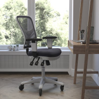 Flash Furniture HL-0001-WH-DKGY-RLB-GG Nicholas Mid-Back Dark Gray Mesh Multifunction Executive Ergonomic Chair with Adjustable Arms, Transparent Roller Wheels, and White Frame