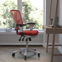 Flash Furniture HL-0001-WH-RED-RLB-GG Nicholas Mid-Back Red Mesh Multifunction Executive Ergonomic Office Chair with Adjustable Arms, Transparent Roller Wheels, and White Frame
