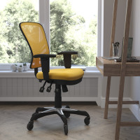 Flash Furniture HL-0001-YEL-RLB-GG Nicholas Mid-Back Yellow-Orange Mesh Multifunction Executive Swivel Ergonomic Office Chair with Adjustable Arms and Transparent Roller Wheels