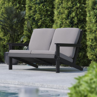 Flash Furniture JJ-C14022-BK-GG Charlestown All-Weather Poly Resin Wood Adirondack Style Deep Seat Patio Loveseat with Cushions, Black/Charcoal
