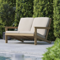 Flash Furniture JJ-C14022-BR-GG Charlestown All-Weather Poly Resin Wood Adirondack Style Deep Seat Patio Loveseat with Cushions, Natural Cedar/Cream