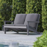 Flash Furniture JJ-C14022-GY-GG Charlestown All-Weather Poly Resin Wood Adirondack Style Deep Seat Patio Loveseat with Cushions, Gray/Gray