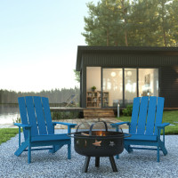 Flash Furniture JJ-C145012-32D-BLU-GG 3 Piece Charlestown Blue Poly Resin Wood Adirondack Chair Set with Fire Pit - Star and Moon Fire Pit with Mesh Cover