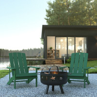 Flash Furniture JJ-C145012-32D-GRN-GG 3 Piece Charlestown Green Poly Resin Wood Adirondack Chair Set with Fire Pit - Star and Moon Fire Pit with Mesh Cover