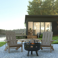 Flash Furniture JJ-C145012-32D-LTG-GG 3 Piece Charlestown Gray Poly Resin Wood Adirondack Chair Set with Fire Pit - Star and Moon Fire Pit with Mesh Cover