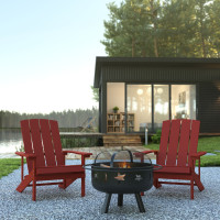 Flash Furniture JJ-C145012-32D-RED-GG 3 Piece Charlestown Red Poly Resin Wood Adirondack Chair Set with Fire Pit - Star and Moon Fire Pit with Mesh Cover