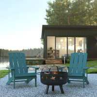 Flash Furniture JJ-C145012-32D-SFM-GG 3 Piece Charlestown Sea Foam Poly Resin Wood Adirondack Chair Set with Fire Pit - Star and Moon Fire Pit with Mesh Cover