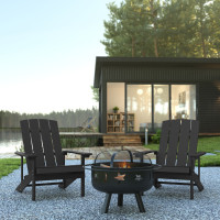 Flash Furniture JJ-C145012-32D-SLT-GG 3 Piece Charlestown Slate Gray Poly Resin Wood Adirondack Chair Set with Fire Pit - Star and Moon Fire Pit with Mesh Cover