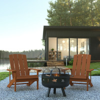 Flash Furniture JJ-C145012-32D-TEAK-GG 3 Piece Charlestown Teak Poly Resin Wood Adirondack Chair Set with Fire Pit - Star and Moon Fire Pit with Mesh Cover