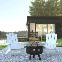 Flash Furniture JJ-C145012-32D-WH-GG 3 Piece Charlestown White Poly Resin Wood Adirondack Chair Set with Fire Pit - Star and Moon Fire Pit with Mesh Cover