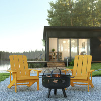 Flash Furniture JJ-C145012-32D-YLW-GG 3 Piece Charlestown Yellow Poly Resin Wood Adirondack Chair Set with Fire Pit - Star and Moon Fire Pit with Mesh Cover