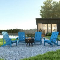 Flash Furniture JJ-C145014-32D-BLU-GG 5 Piece Charlestown Blue Poly Resin Wood Adirondack Chair Set with Fire Pit - Star and Moon Fire Pit with Mesh Cover