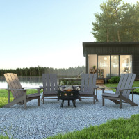 Flash Furniture JJ-C145014-32D-LTG-GG 5 Piece Charlestown Gray Poly Resin Wood Adirondack Chair Set with Fire Pit - Star and Moon Fire Pit with Mesh Cover