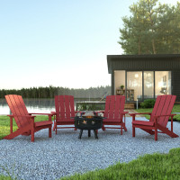 Flash Furniture JJ-C145014-32D-RED-GG 5 Piece Charlestown Red Poly Resin Wood Adirondack Chair Set with Fire Pit - Star and Moon Fire Pit with Mesh Cover