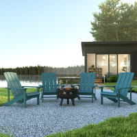 Flash Furniture JJ-C145014-32D-SFM-GG 5 Piece Charlestown Sea Foam Poly Resin Wood Adirondack Chair Set with Fire Pit - Star and Moon Fire Pit with Mesh Cover