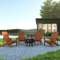 Flash Furniture JJ-C145014-32D-TEAK-GG 5 Piece Charlestown Teak Poly Resin Wood Adirondack Chair Set with Fire Pit - Star and Moon Fire Pit with Mesh Cover