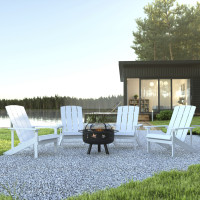 Flash Furniture JJ-C145014-32D-WH-GG 5 Piece Charlestown White Poly Resin Wood Adirondack Chair Set with Fire Pit - Star and Moon Fire Pit with Mesh Cover