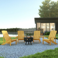 Flash Furniture JJ-C145014-32D-YLW-GG 5 Piece Charlestown Yellow Poly Resin Wood Adirondack Chair Set with Fire Pit - Star and Moon Fire Pit with Mesh Cover