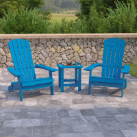 Flash Furniture JJ-C14505-2-T14001-BLU-GG 2 Pack Charlestown All-Weather Poly Resin Folding Adirondack Chairs with Side Table in Blue