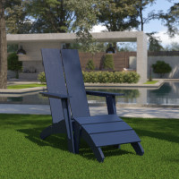 Flash Furniture JJ-C14509-14309-NV-GG Sawyer Modern All-Weather Poly Resin Wood Adirondack Chair with Foot Rest in Navy