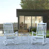 Flash Furniture JJ-C14703-2-T14001-WH-GG Set of 2 Winston All-Weather Poly Resin Rocking Chairs with Accent Side Table in White