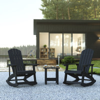 Flash Furniture JJ-C14705-2-T14001-BK-GG Set of 2 Savannah All-Weather Poly Resin Wood Adirondack Rocking Chairs with Side Table in Black