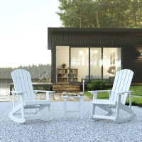 Flash Furniture JJ-C14705-2-T14001-WH-GG Set of 2 Savannah All-Weather Poly Resin Wood Adirondack Rocking Chairs with Side Table in White