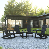 Flash Furniture JJ-C14705-4-T14001-BK-GG Set of 4 Savannah All-Weather Poly Resin Wood Adirondack Rocking Chairs with Side Table in Black
