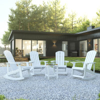 Flash Furniture JJ-C14705-4-T14001-WH-GG Set of 4 Savannah All-Weather Poly Resin Wood Adirondack Rocking Chairs with Side Table in White