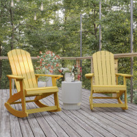 Flash Furniture JJ-C14705-YLW-2-GG Savannah Poly Resin Wood Adirondack Rocking Chair - All Weather Yellow Polystyrene - Stainless Steel Hardware - Set of 2