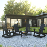 Flash Furniture JJ-C147054-202-BK-GG Savannah Set of 4 Black All-Weather Poly Resin Wood Adirondack Rocking Chairs with 22