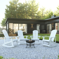 Flash Furniture JJ-C147054-202-WH-GG Savannah Set of 4 White All-Weather Poly Resin Wood Adirondack Rocking Chairs with 22