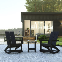 Flash Furniture JJ-C14709-2-T14001-BK-GG Set of 2 Black Finn Modern All-Weather 2-Slat Poly Resin Rocking Adirondack Chairs with Matching Side Table