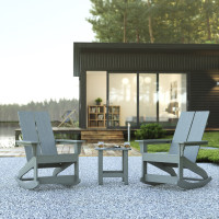 Flash Furniture JJ-C14709-2-T14001-GY-GG Set of 2 Gray Finn Modern All-Weather 2-Slat Poly Resin Rocking Adirondack Chairs with Matching Side Table