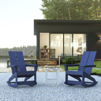 Flash Furniture JJ-C14709-2-T14001-NW-GG Set of 2 Navy Finn Modern All-Weather 2-Slat Poly Resin Rocking Adirondack Chairs with Complementary White Side Table