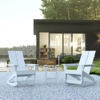 Flash Furniture JJ-C14709-2-T14001-WH-GG Set of 2 White Finn Modern All-Weather 2-Slat Poly Resin Rocking Adirondack Chairs with Matching Side Table