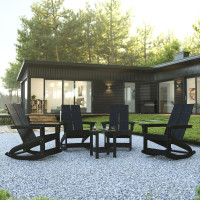 Flash Furniture JJ-C14709-4-T14001-BK-GG Set of 4 Black Finn Modern All-Weather 2-Slat Poly Resin Rocking Adirondack Chairs with Matching Side Table
