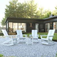 Flash Furniture JJ-C14709-4-T14001-WH-GG Set of 4 White Finn Modern All-Weather 2-Slat Poly Resin Rocking Adirondack Chairs with Matching Side Table