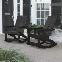 Flash Furniture JJ-C14709-BK-2-GG Finn Modern All-Weather 2-Slat Poly Resin Rocking Adirondack Chair with Rust Resistant Stainless Steel Hardware in Black - Set of2