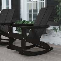 Flash Furniture JJ-C14709-BK-GG Finn Modern All-Weather 2-Slat Poly Resin Wood Rocking Adirondack Chair with Rust Resistant Stainless Steel Hardware in Black